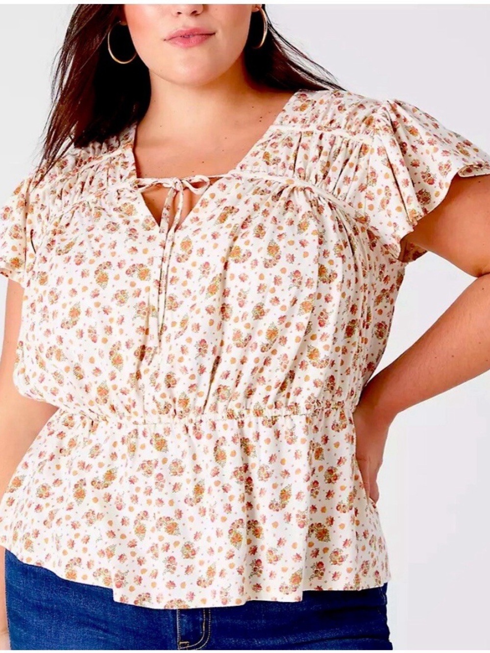 Lane Bryant Cream Floral Peplum Tie-Neck Top Stretchy Blouse Sz(14/16)